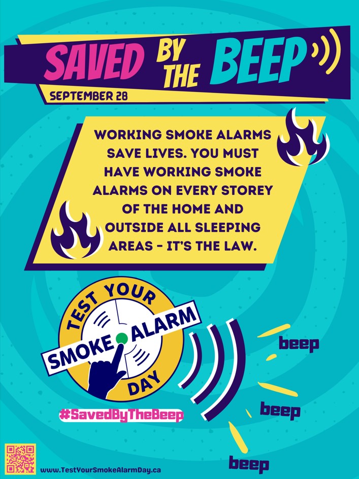 Saved by the beep colourful poster with notice that smoke alarms save lives and are the law. 