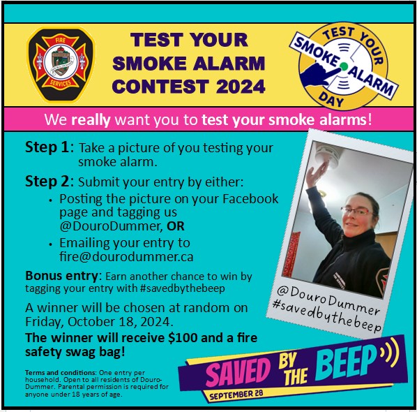 Bright poster advertising the 2024 Test Your Smoke Alarm Contest, includes picture or firefighter pushing a smoke alarm test button. 