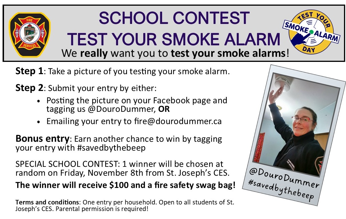 Poster outlining rules of contest. Includes fire department logo and picture of staff testing a smoke alarm. 